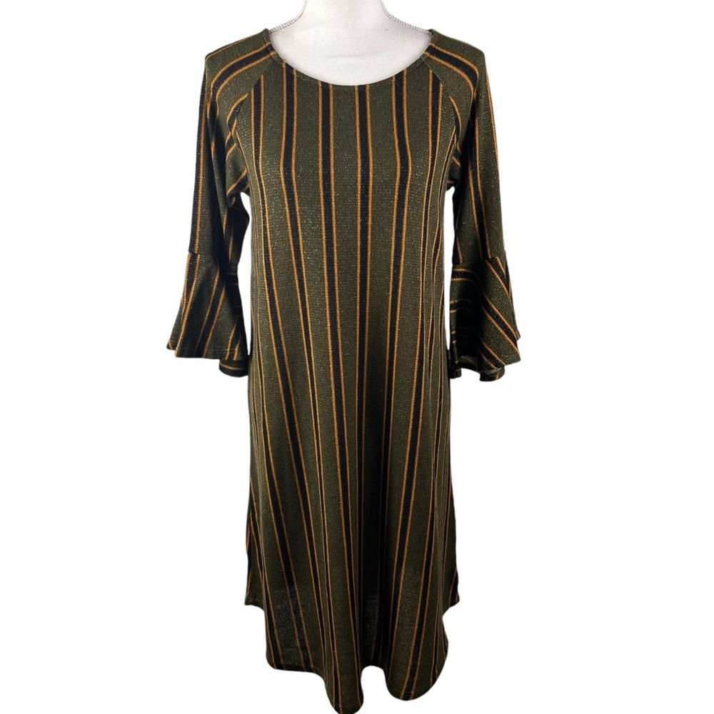 Reborn J Bell Sleeve Dress Medium A Line Striped Metallic Green Gold Black